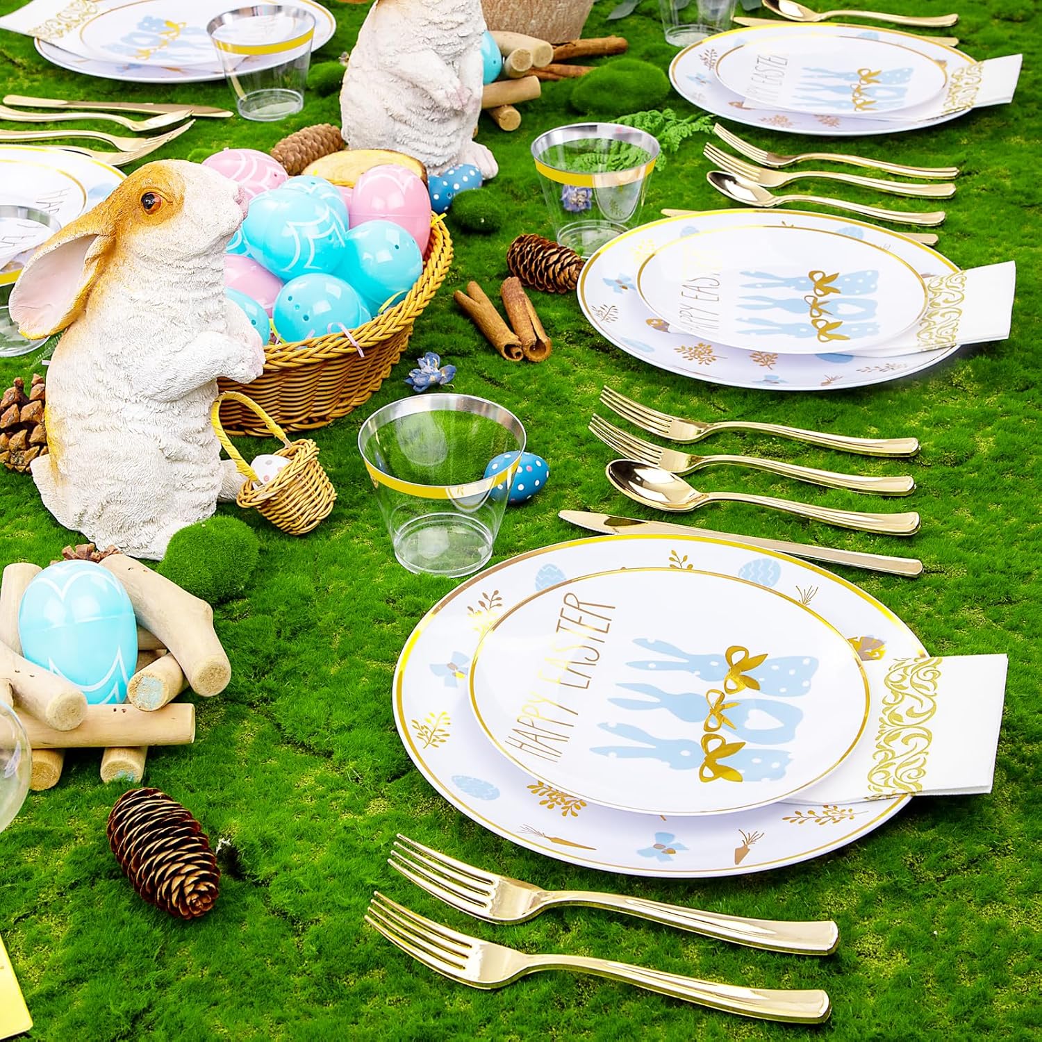 Morejoy 175pcs Easter Plastic Plates,Bunny Plate,Blue Plastic Disposable Dinnerware Set include 25Dinner Plates,25 Salad Plates,25 Cups,25 Forks,25 Knives,25 Spoons,25 Napkins Perfect for Easter Party White and Blue