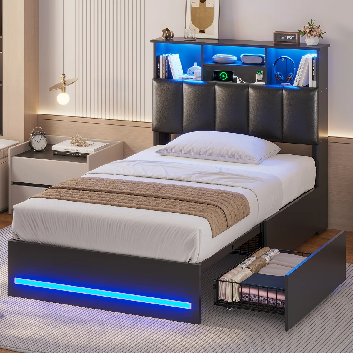 Upholstered Bed Frames with Stylish Bookcase Headboard