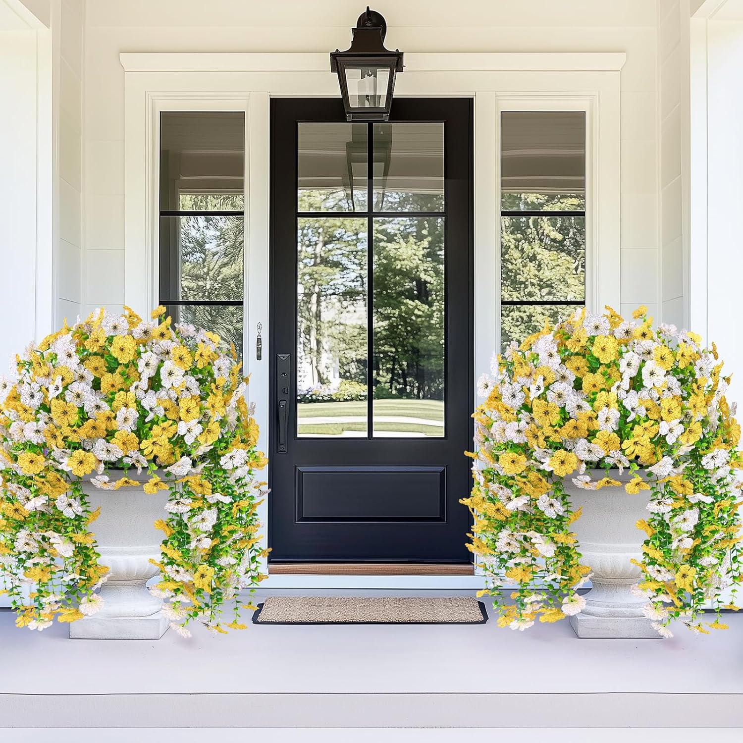 Dolicer 4 Packs Look Real Artificial Flowers for Outdoors, Fake Artificial Hanging Flowers for Outdoors UV Resistant Faux Hanging Plants Flowers Violet Vines for Porch Patio Garden (White+Yellow) White+yellow 4 Pcs