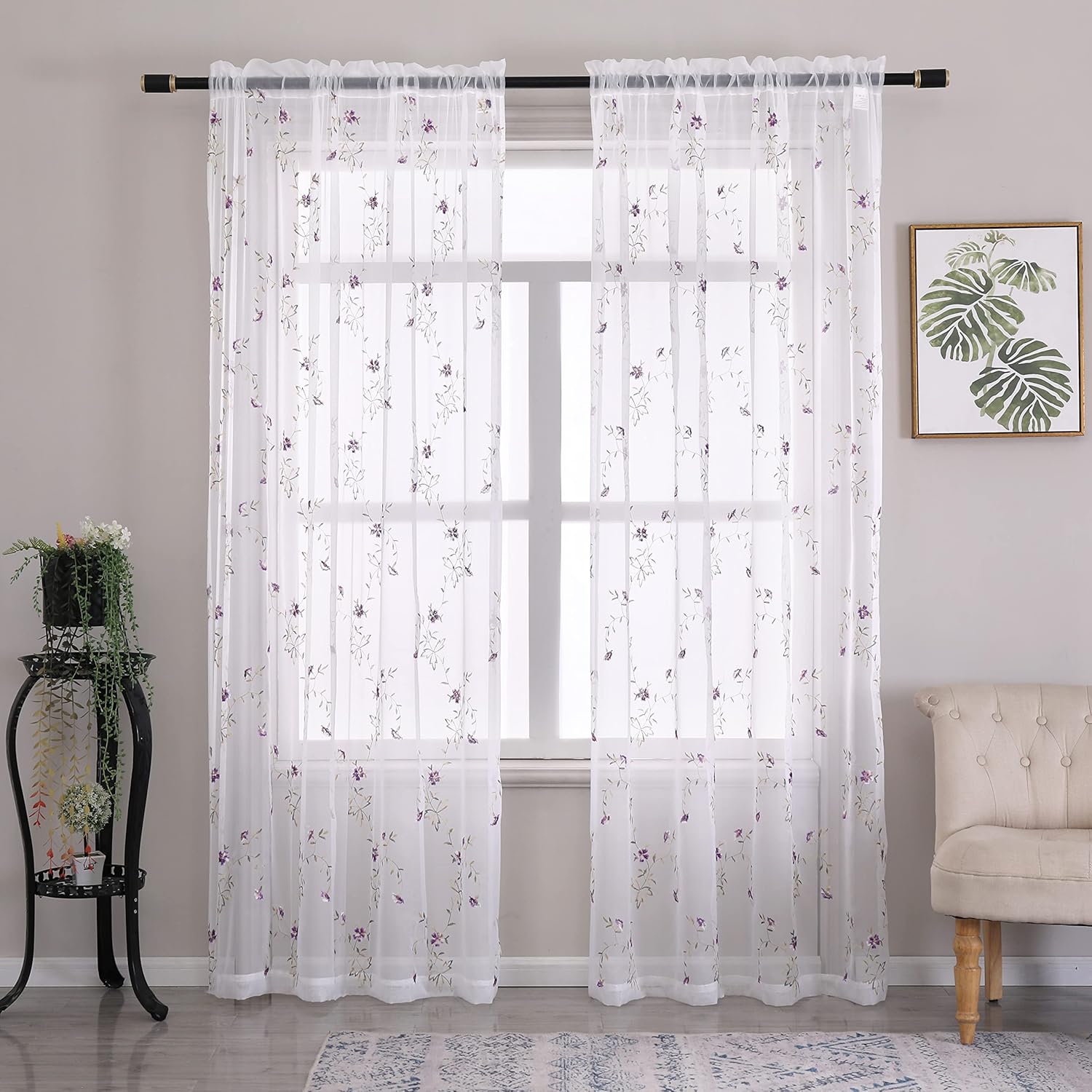 Taisier Home Floral Embroidered Sheer Curtains for Girls Room Purple Buds Retro Voile Curtain Panels for Bedroom Rod Pocket 2 Panels 52 W x 63 L,Curtain with Purple Flower and Coffee Branches 52W x 63L (Pack of 2) A-purple Flower Buds