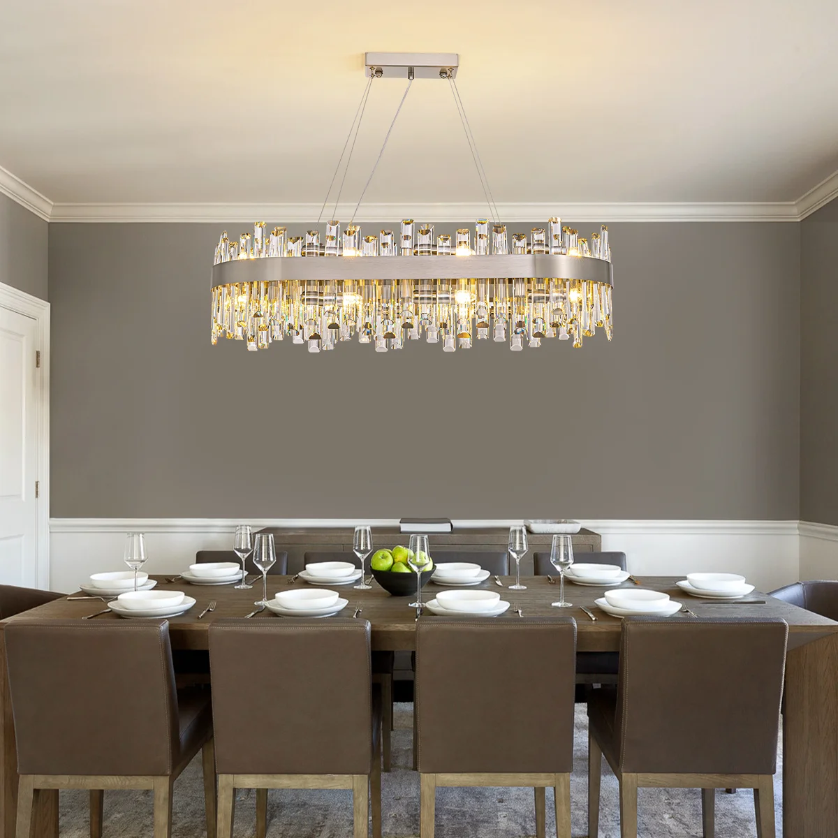 Kacy Modern Rectangle Crystal Chandelier, Adjustable Height, Dimmable, E12 Base