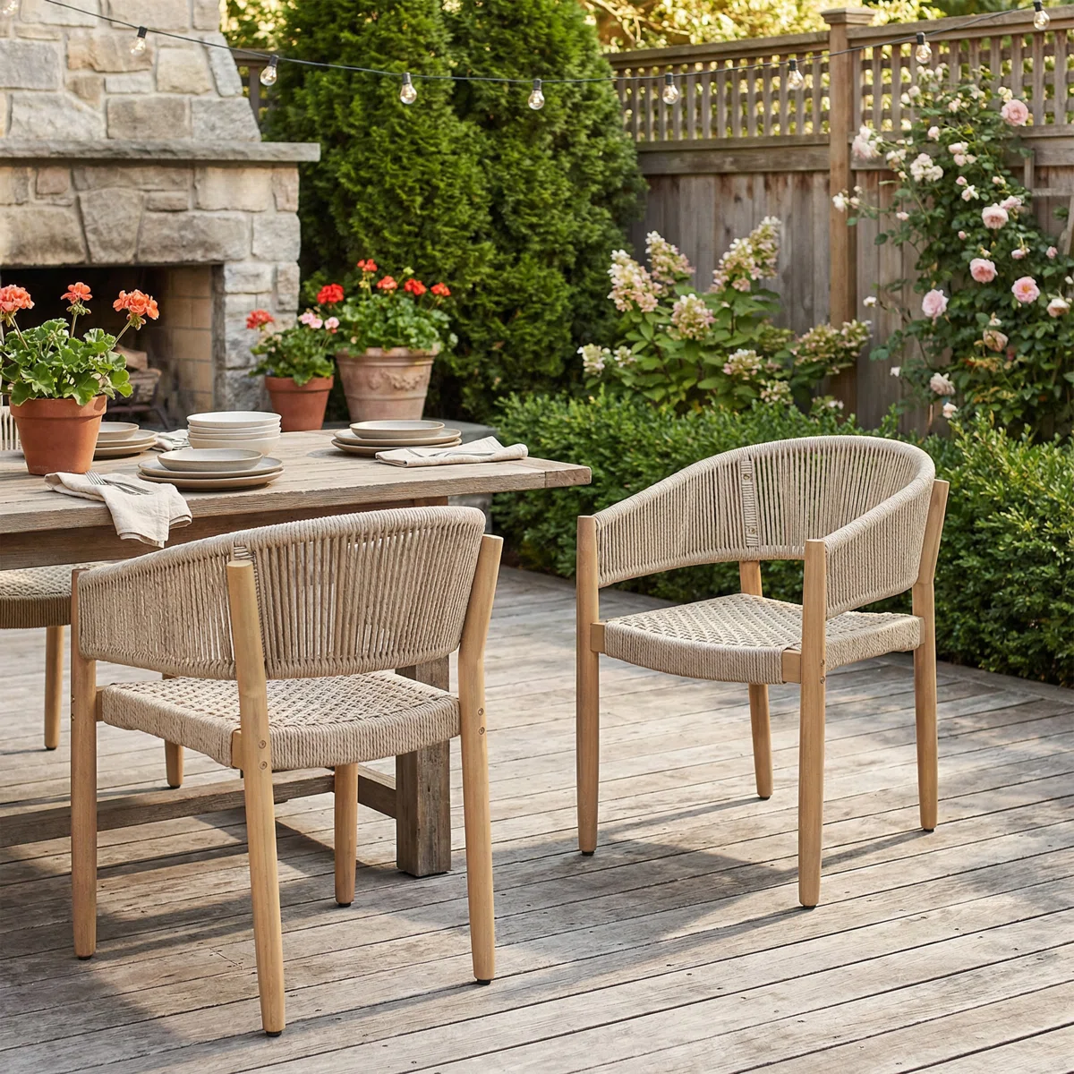 Sandvale Modern Coastal Acacia Wood Rope Outdoor Dining Chair with Ergonomic Woven Seat