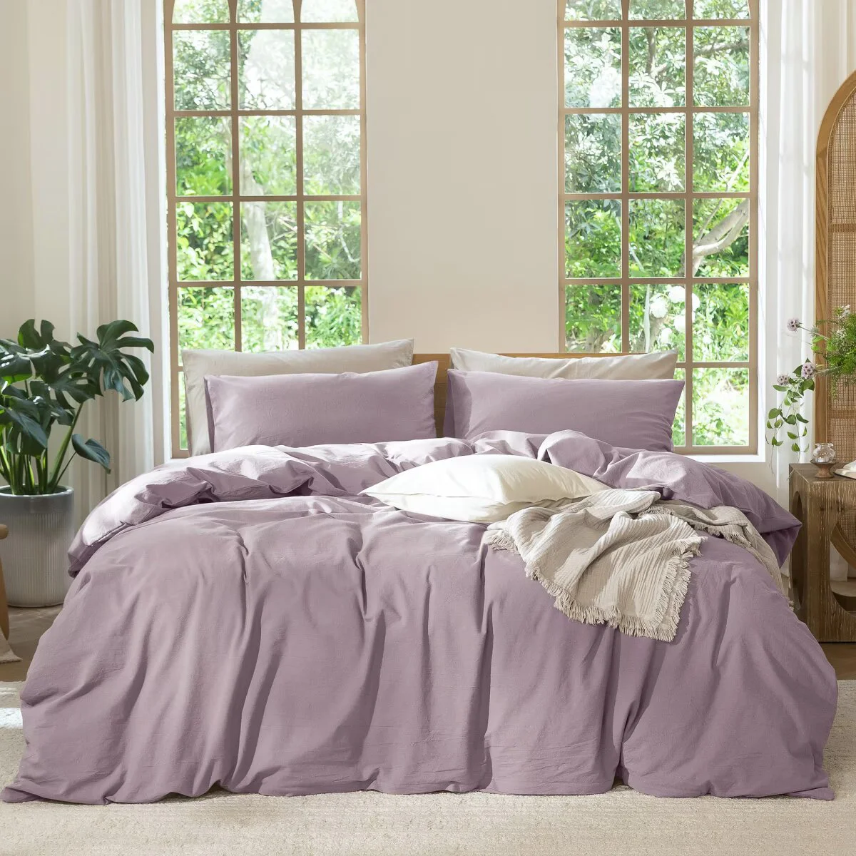 MooMee Sheet Set Extra Deep Pocket 100% Washed Cotton Linen Like Textured Lightweight Breathable