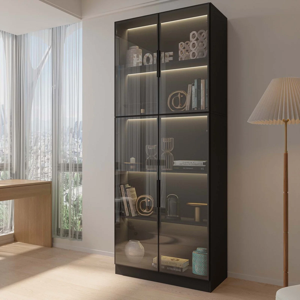 Piraveen Display Cabinet with Glass Doors and LED Lights