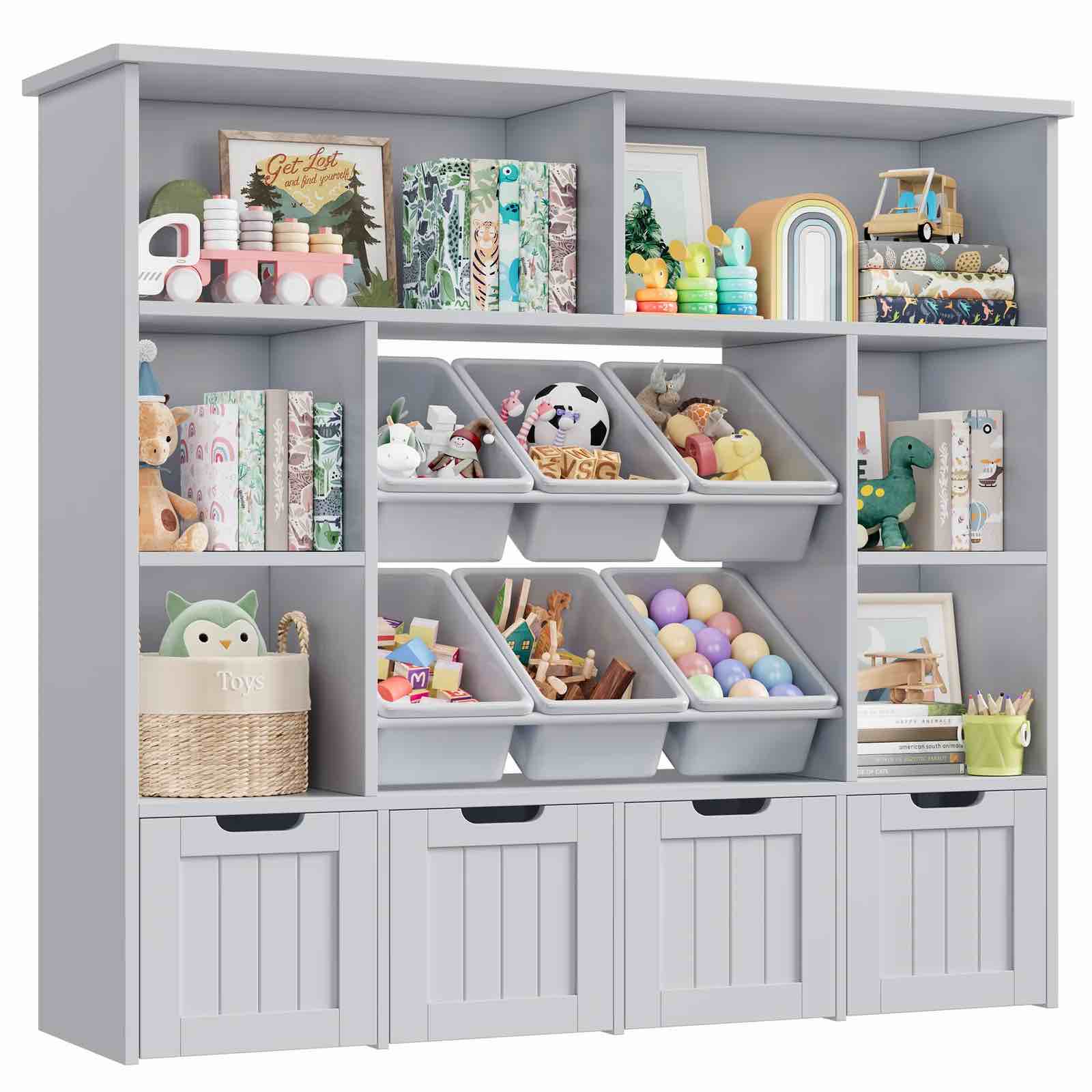 Large 4 Tier Kids Toy Organizer, Wood Toy Organizer of 6 Bins& 4 Removable Drawers, Children's Bookcase for Family Room, Gray