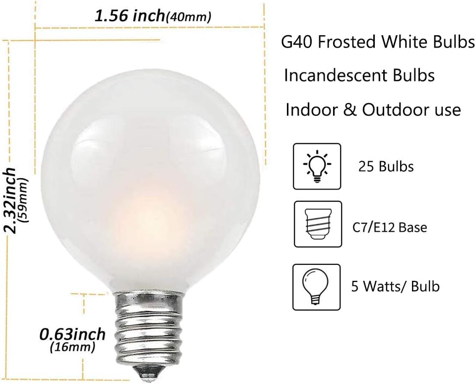 25 Pack G40 Frosted White Light Bulbs Replacement, 1.5 Inch Globe G40 Outdoor Patio String Lights Bulbs, 5W Light Bulbs with C7/E12 Candelabra Base for Outdoor Garden Patio Party Decor, Frosted White 25 Pack Frosted White