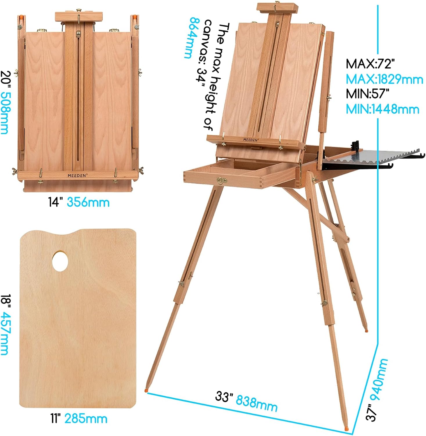 MEEDEN French Easel, Large Sketchbox Easel - Foldable Portable Beechwood Field Art Easel with Drawer, Palette & Metal Tray for Professionals, Artists & Hobbyists Painting on the Go, Hold Canvas to 34