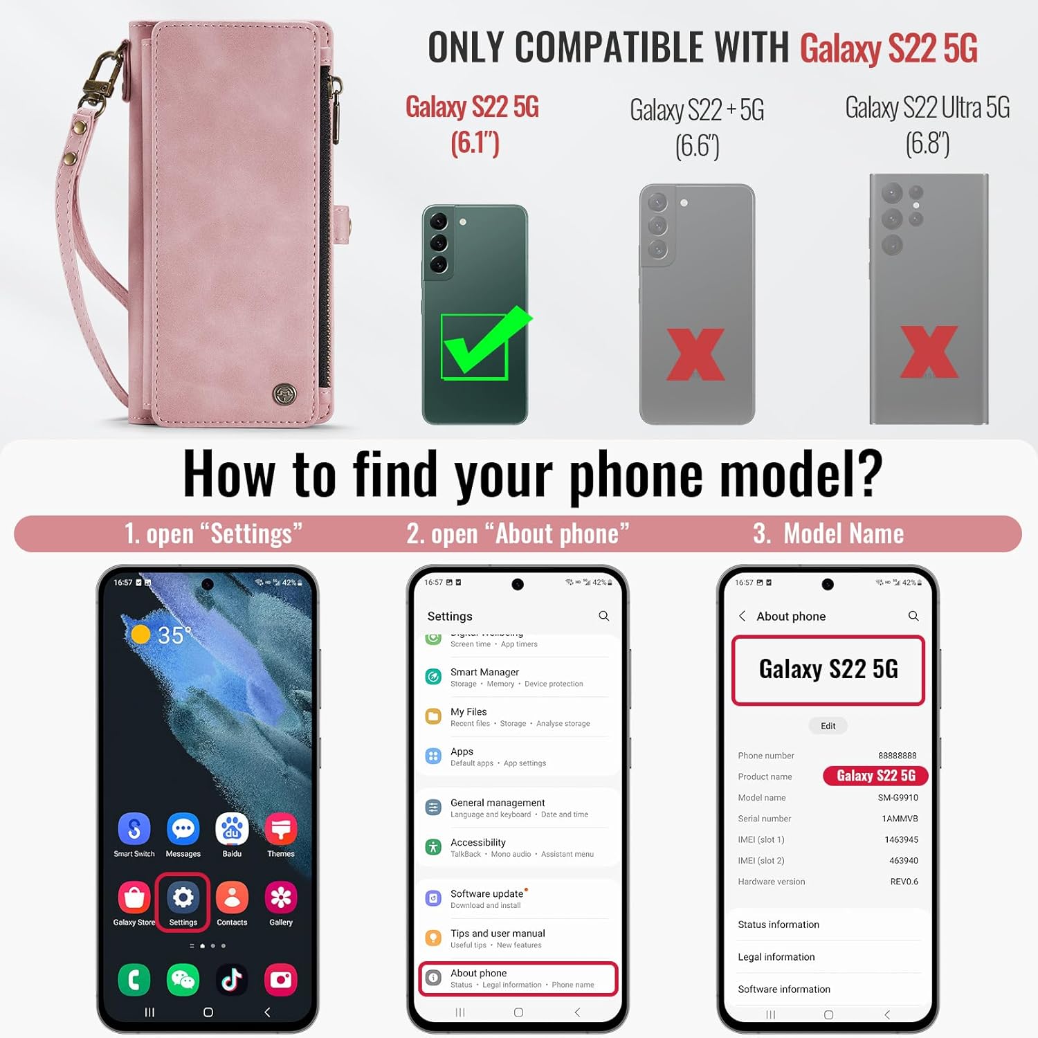 Defencase Compatible with Samsung Galaxy S22 5G Case Wallet with RFID Blocking Card Holder for Women Men, PU Leather Magnetic Snap Flip Zipper Strap Wallet Phone Case Fit for Galaxy S22 5G 6.1, Pink Airy Rose Pink