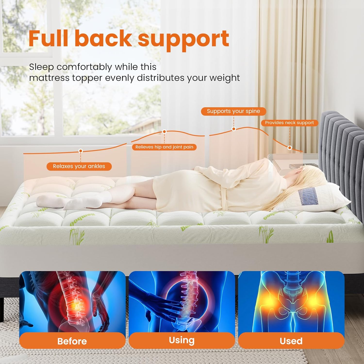 DUMOS Queen Size Ultra Soft Mattress Topper, Viscose Derived from Bamboo, Pillow Top Mattress Pad with Stretchable Pockets, Breathable Cooling Topper for Back Pain Relief Gray White Queen
