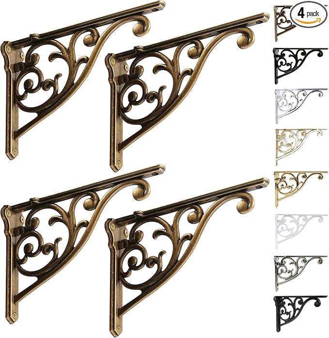 KHTJUMEWARE Shelf Brackets, 8 Inch (4 Pack, Antique Brass)