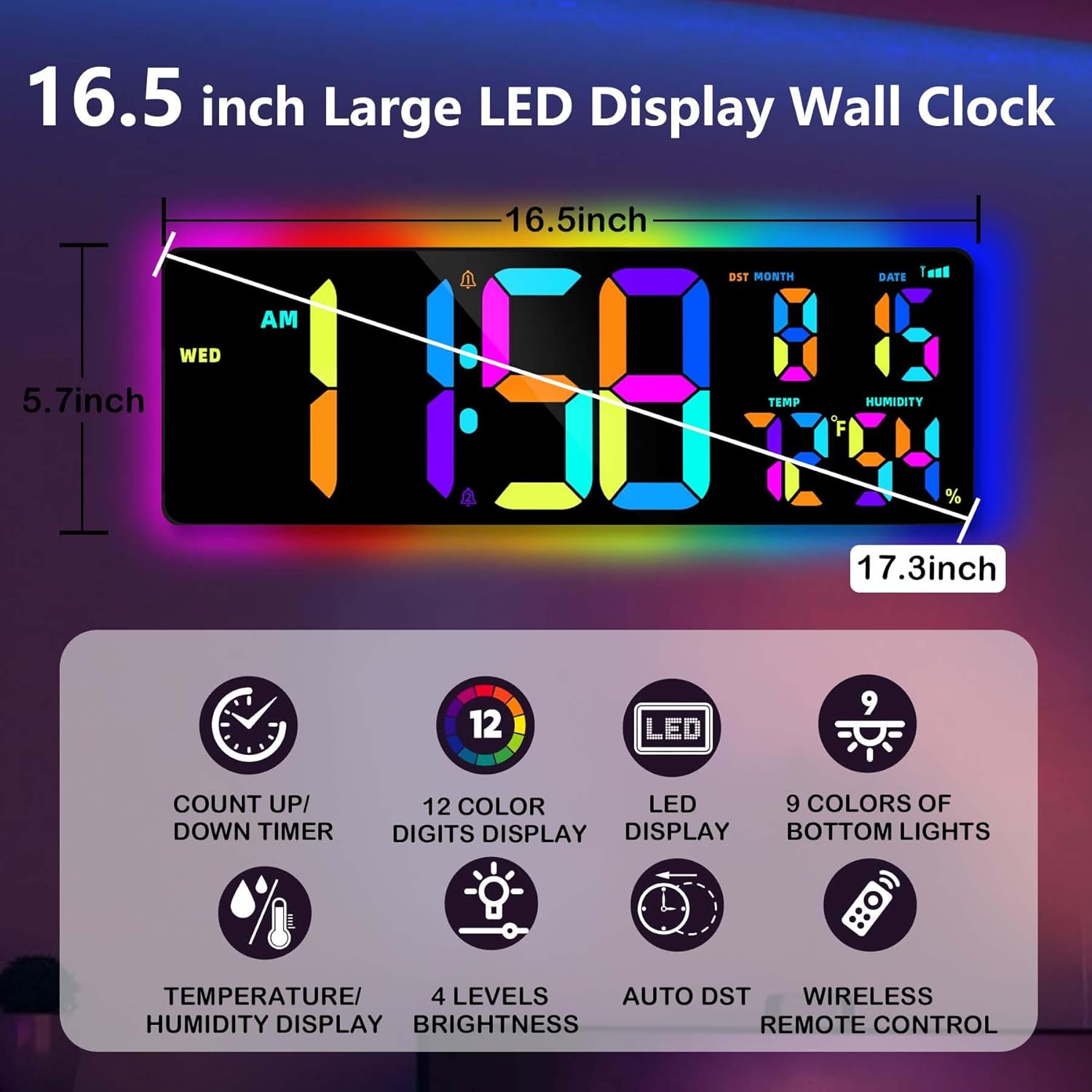 Large Digital Wall Clock 16.5, Count Down Timer, Bluetooth Sync Time, Alarm, Big LED, RGB Atmosphere Lights, Auto DST, Digital Clock for Living Room Classroom Xmas Birthday Gift for Senior Mom Dad