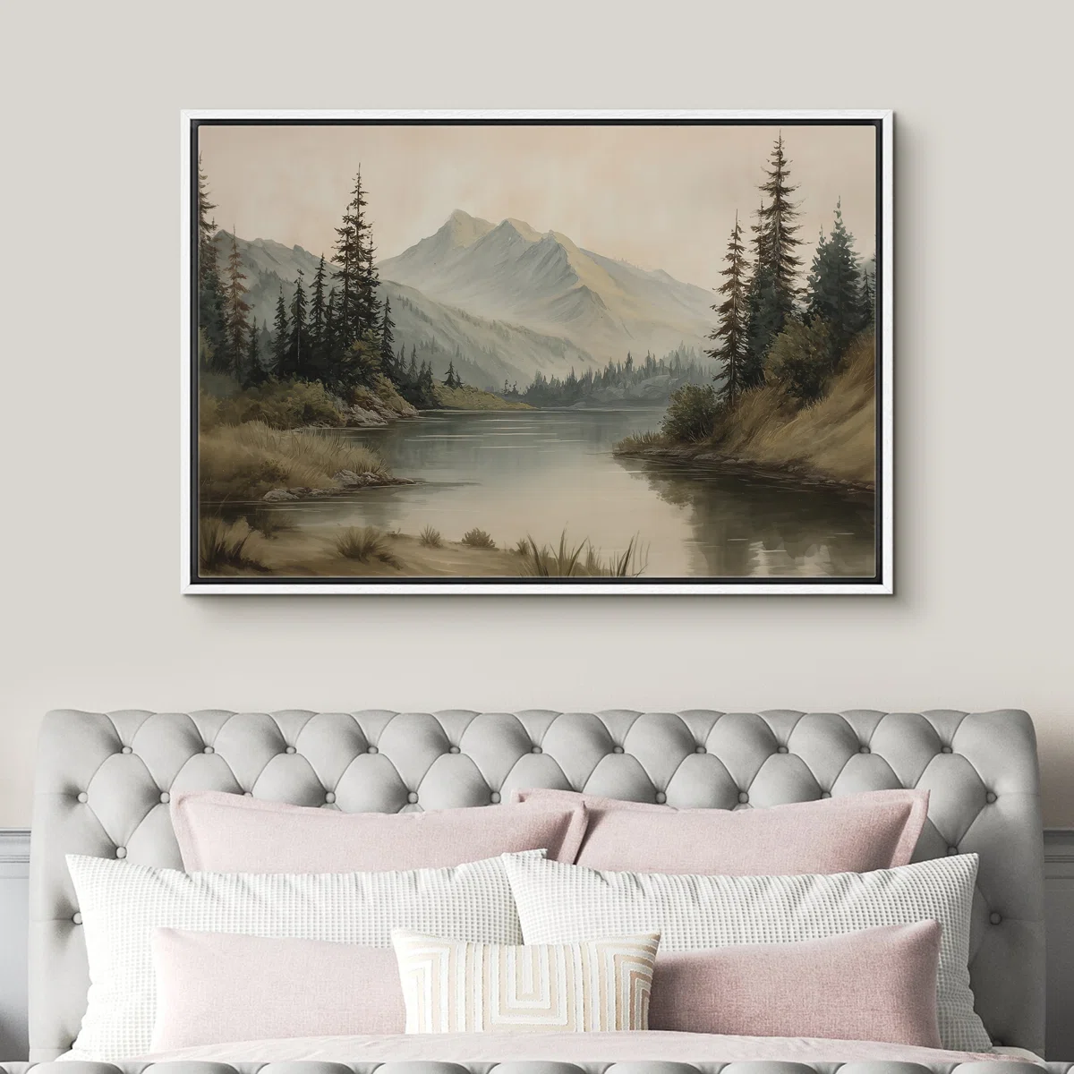 Misty Mountain Lake with Pine Forest - Pictures Extra Large Framed Canvas Print Wall Art