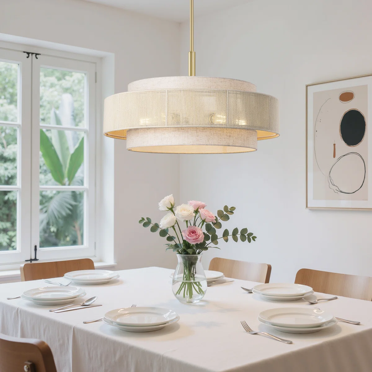 5-Light Drum Chandelier With Fabric And Rope Shades