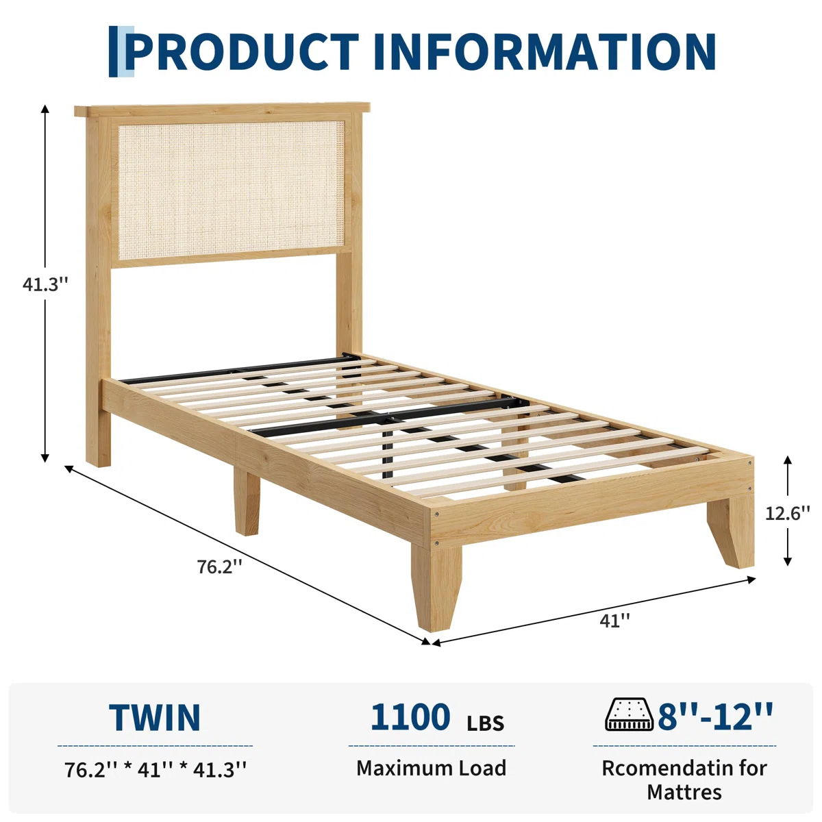 Queen Size Rattan Bed Frame, Boho Bed Frame with Natural Rattan Headboard, Rattan Bed Frame with LED Lights, Wood Support Legs and Slats, Noise-Free, No Box Spring Needed