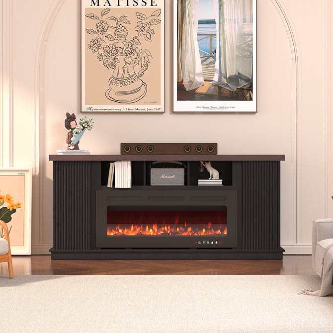 70 TV Stand With Electric Fireplace,Living Room Fireplace TV Stand, Dark Walnut Color