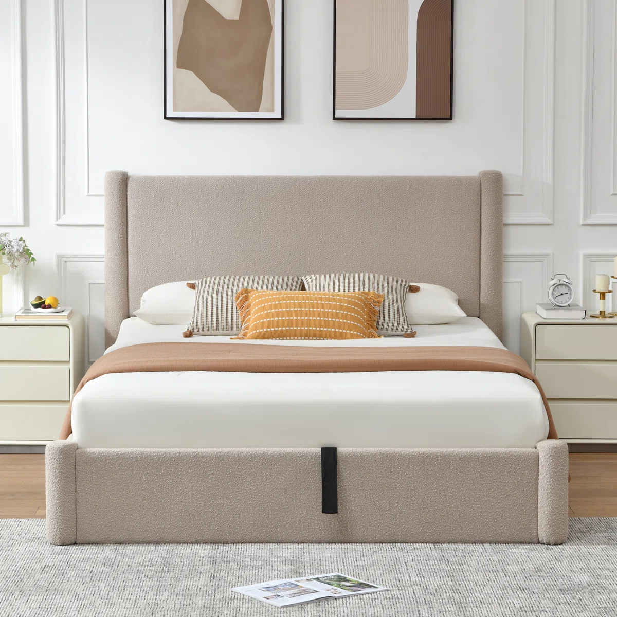 Box 1/2 Braya Luxury Boucle Hydraulic Lift Up Storage Upholstered Platform Bed With Rounded Bolster Design