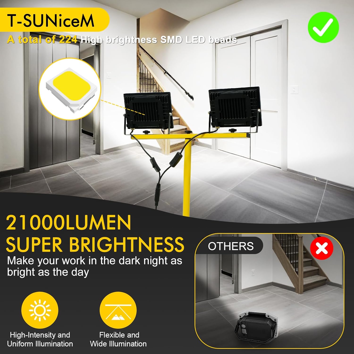 21000Lumen Work Lights with Stand, 2 Head LED Work Light with Adjustable and Foldable Tripod Stand, IP66 Waterproof Portable Work Light for Outdoor Workshop Garage Construction Site Job Site Work Light with Stand (2 Light)