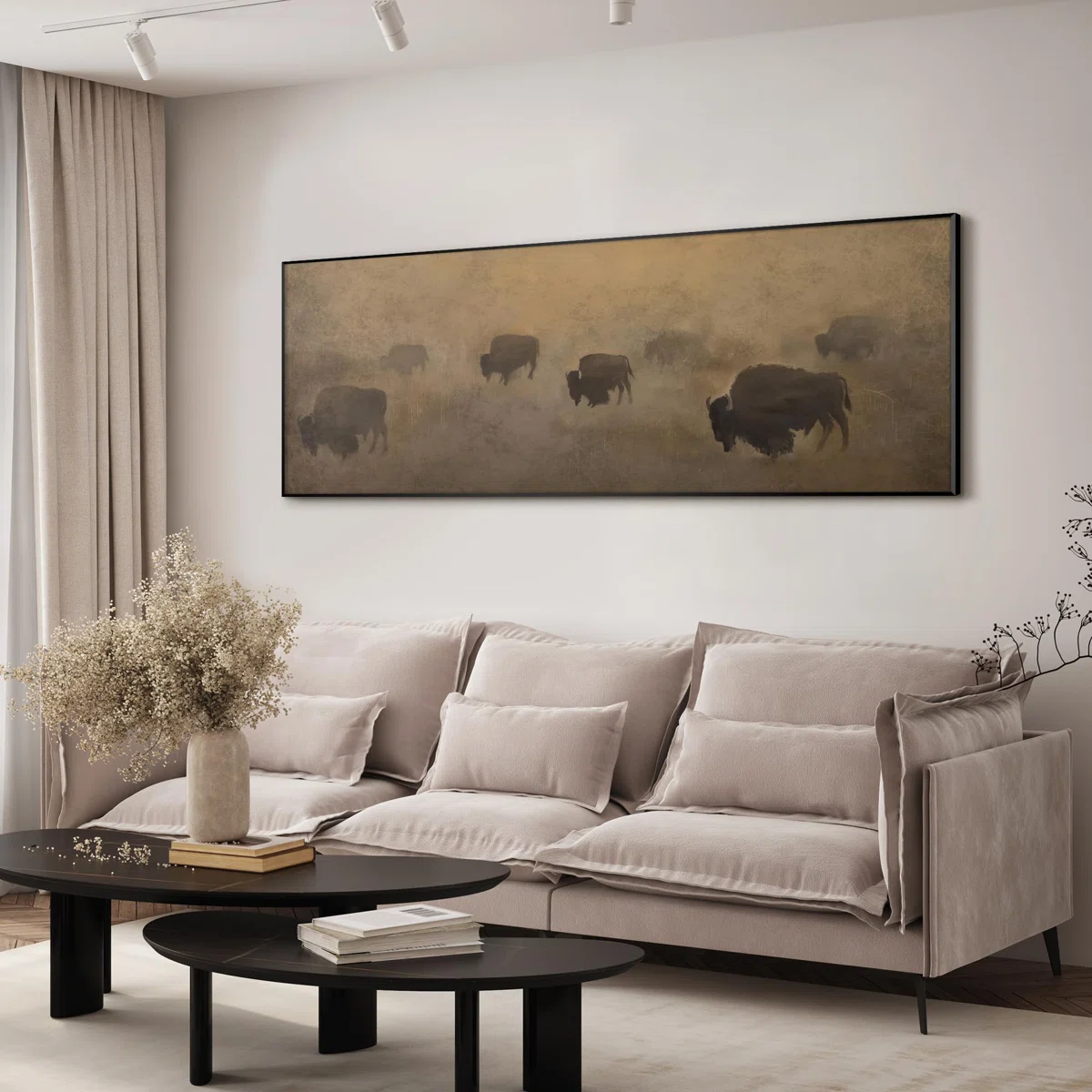 Extra Large Wall Art Fabric Print - Buffalo Herd in Hazy Landscape Rustic Western Artwork Decor for Living Room or Bedroom - "Frame Assembly Required (Unfinished Frame)"