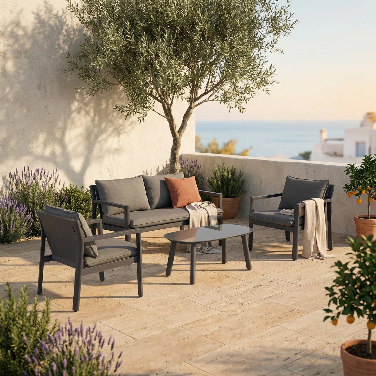 4-piece All-aluminum Outdoor Conversation Set – Olefin Cushions & Pebble Tempered Glass Coffee Table
