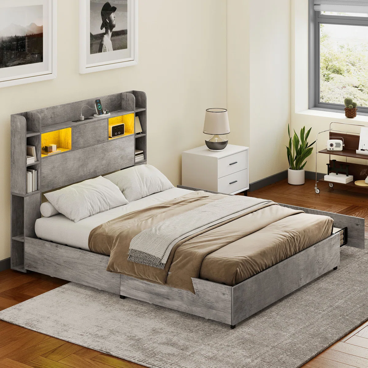 Ivy Bronx Wooden Bookcase Storage Bed with 4 Underbed Drawers, LED Light & Charging Station
