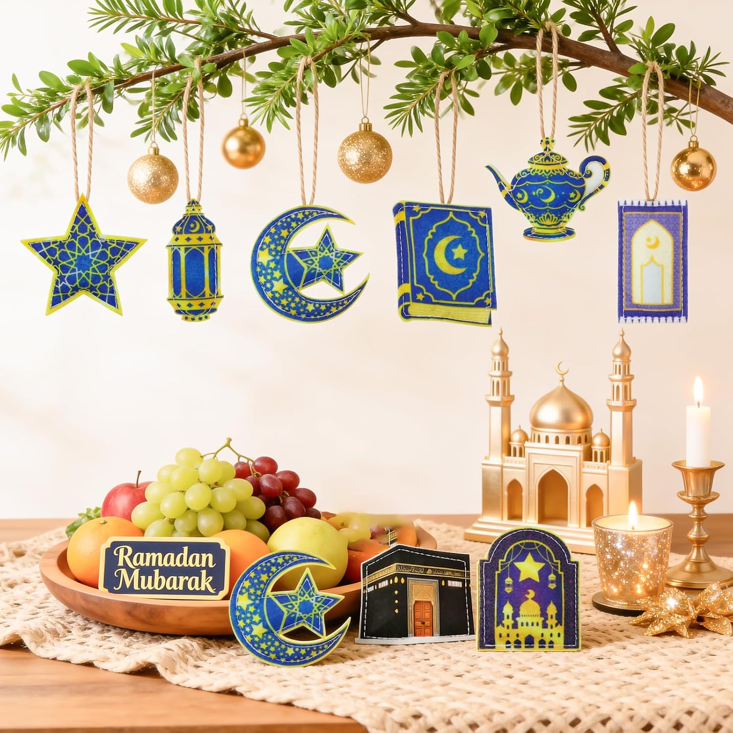 24 PCS Ramadan Tree Decorations, Eid Mubarak Felt Hanging Decorations with Castle Lanterns Star & Moon, Islamic Home Decor for Ramadan Eid Festival, Table, Tree and Wall Decor, Party Supplies & Gifts