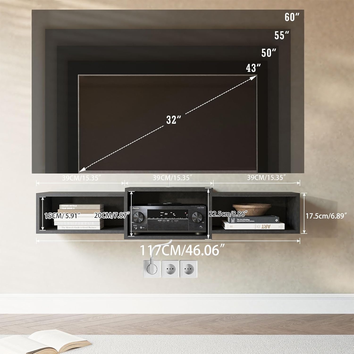 IBUYKE Floating TV Stand Wall Mounted with Power Outlet,Modern Wood Wall Mounted Media Console Shelf,Floating Entertainment Center for Under TV Storage for Living Room Bedroom Office,Black WST001B- Wood Black