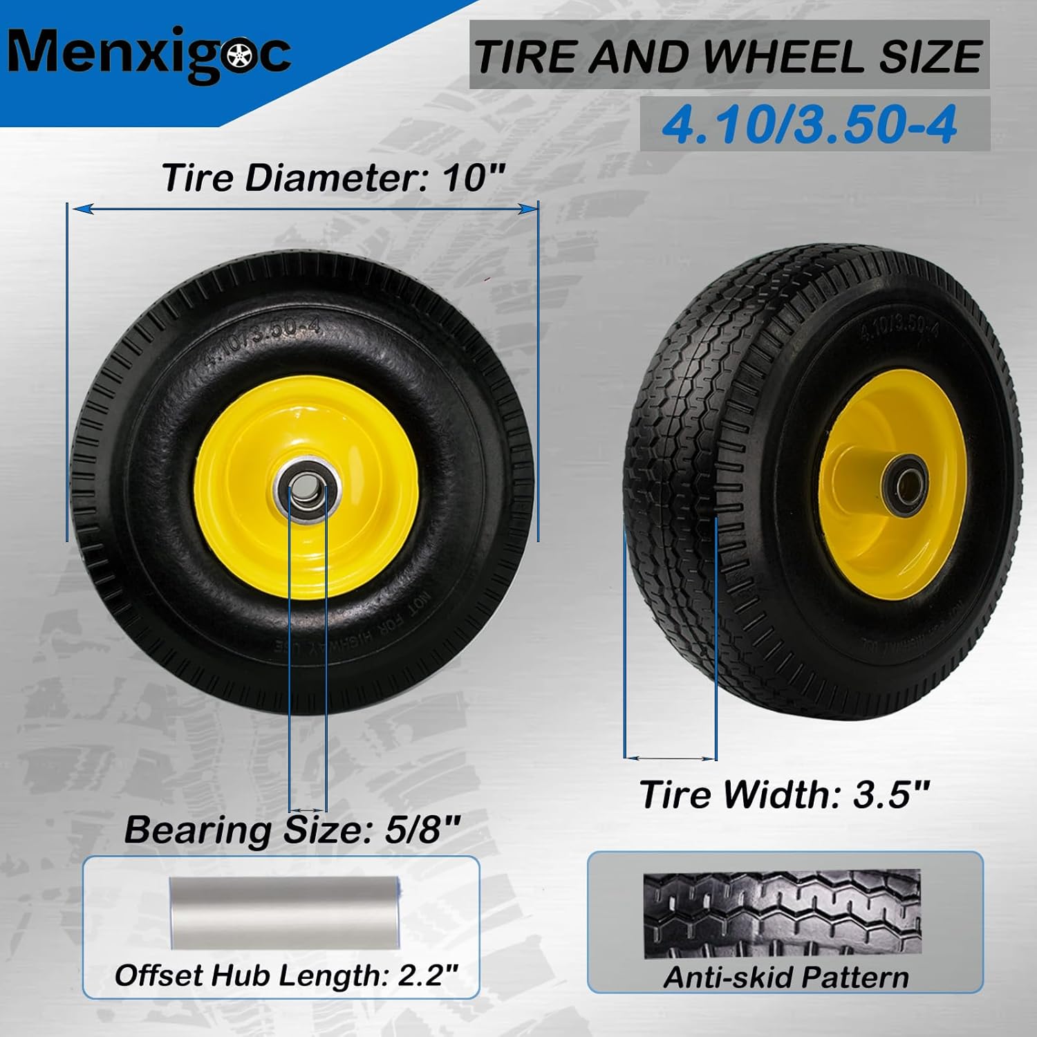 4.10/3.50-4 Tire and Wheel, 10 Solid Tire, 5/8 Bearing with 3/4 & 1/2 Extra Bearings, 4.10/3.50-4 Flat Free Wheels, 2.2 Offset Hub for Hand Truck Garden Wagon Cart Trolley Dolly yellow