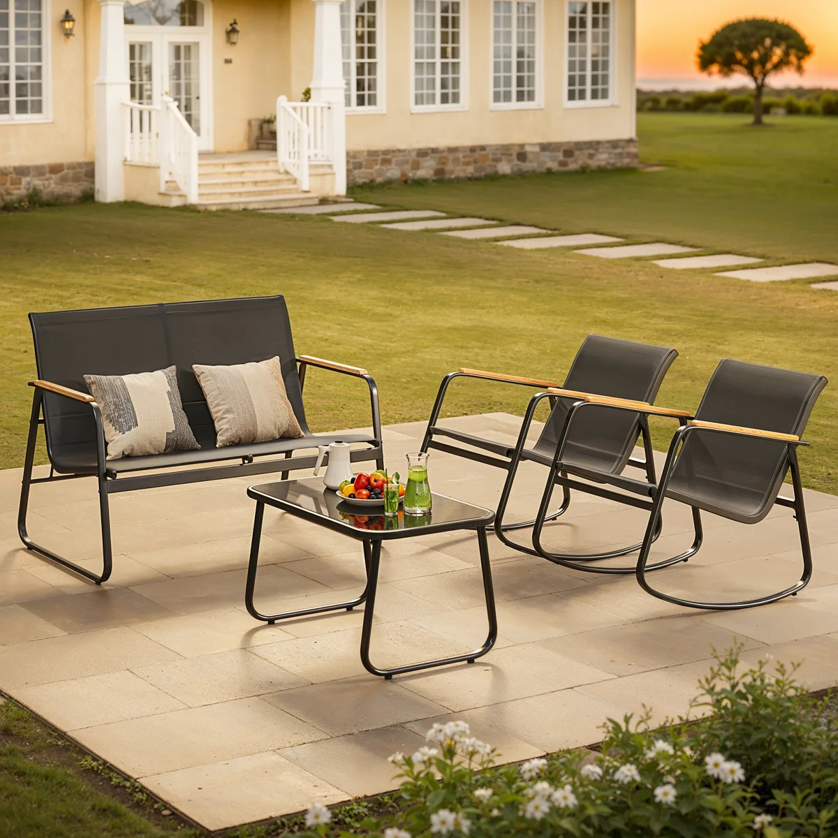 4 - Person Cooling PVC-coated polyester Outdoor Patio Seating Group with Rocking Chairs and Solid Wood Armrests