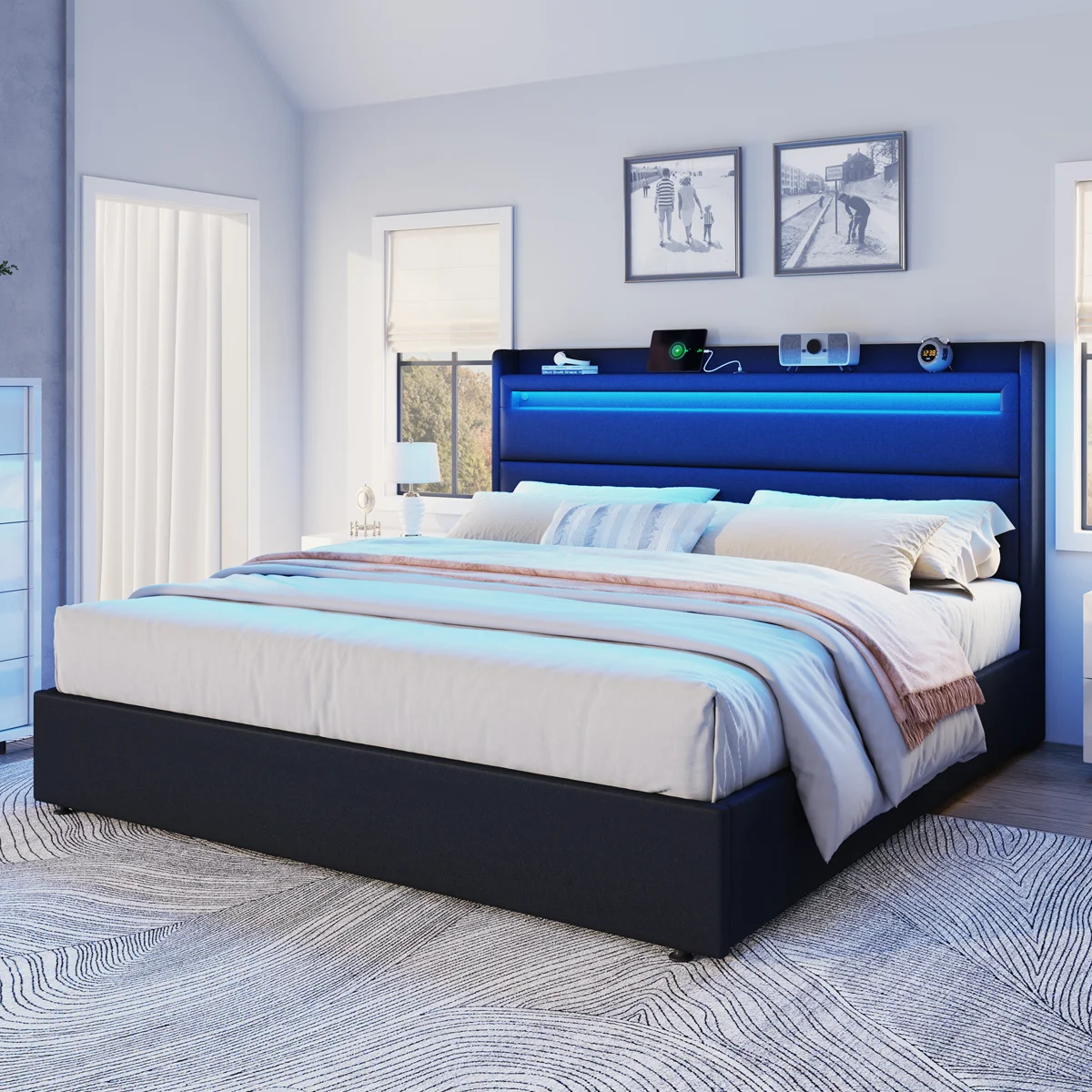 Berneil Upholstered Bed Frame with RGBW LED Lights Headboard & 4 Storage Drawers
