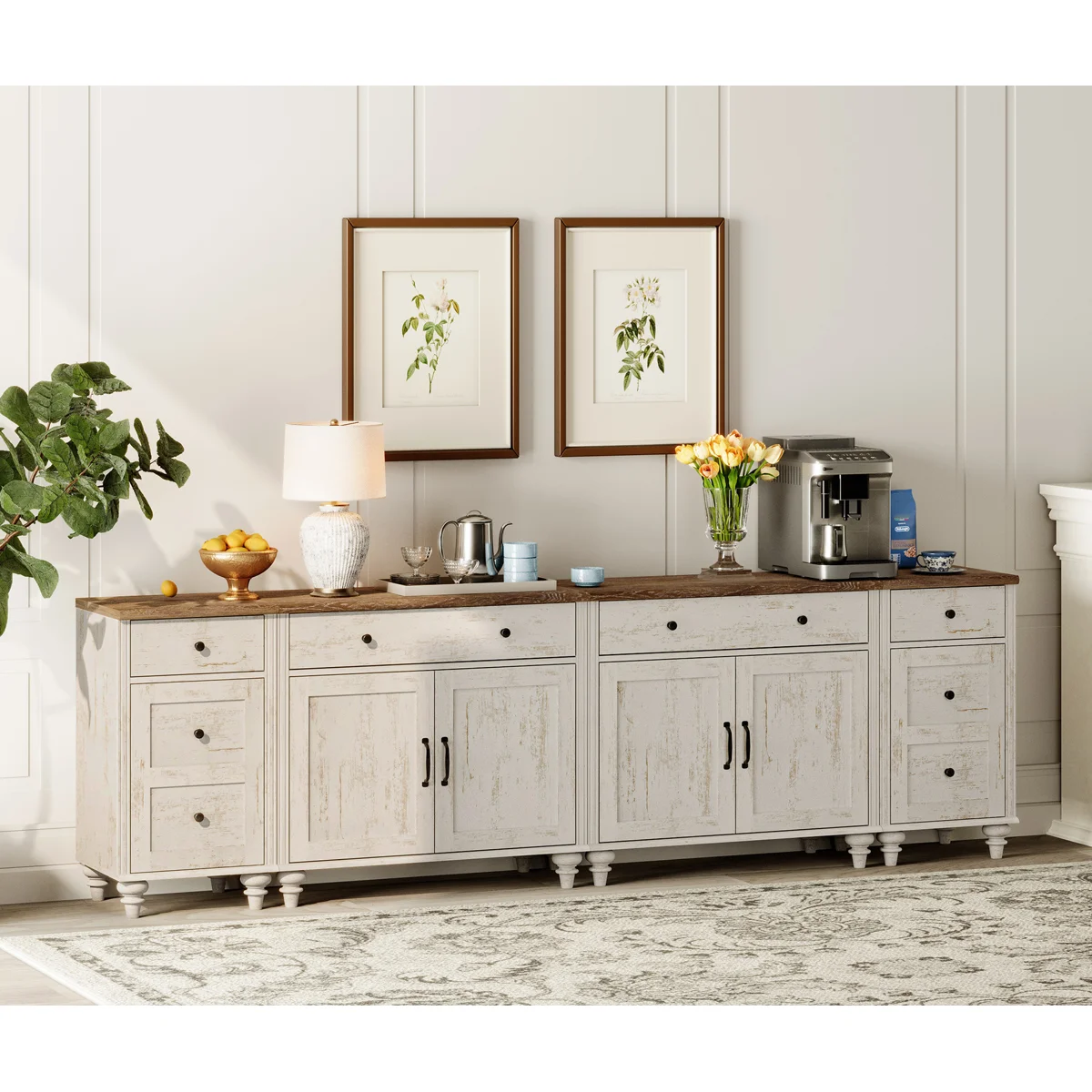 Scarlett Kitchen Buffet Sideboard Cabinet With 2 Drawers And 4 Doors, Mid-Century Cupboard & End Table With Charging Station