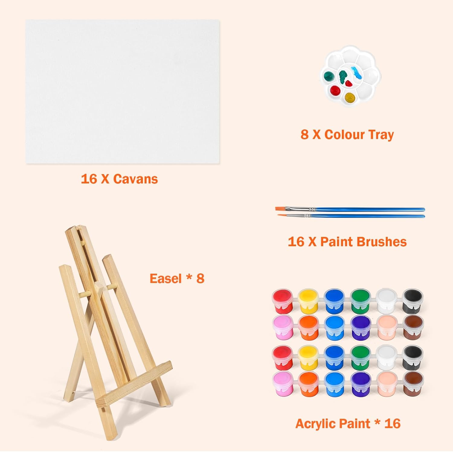 Acrylic Paint Set with 8 PCS 11.8In Easel & 16 PCS 8X10In Canvas, Painting Canvas Panel with Easel, Art Canvas Painting Kit with Brushes & Paint Trays for Kids Teenagers Acrylic Oil Water Color Gift Pack of 8