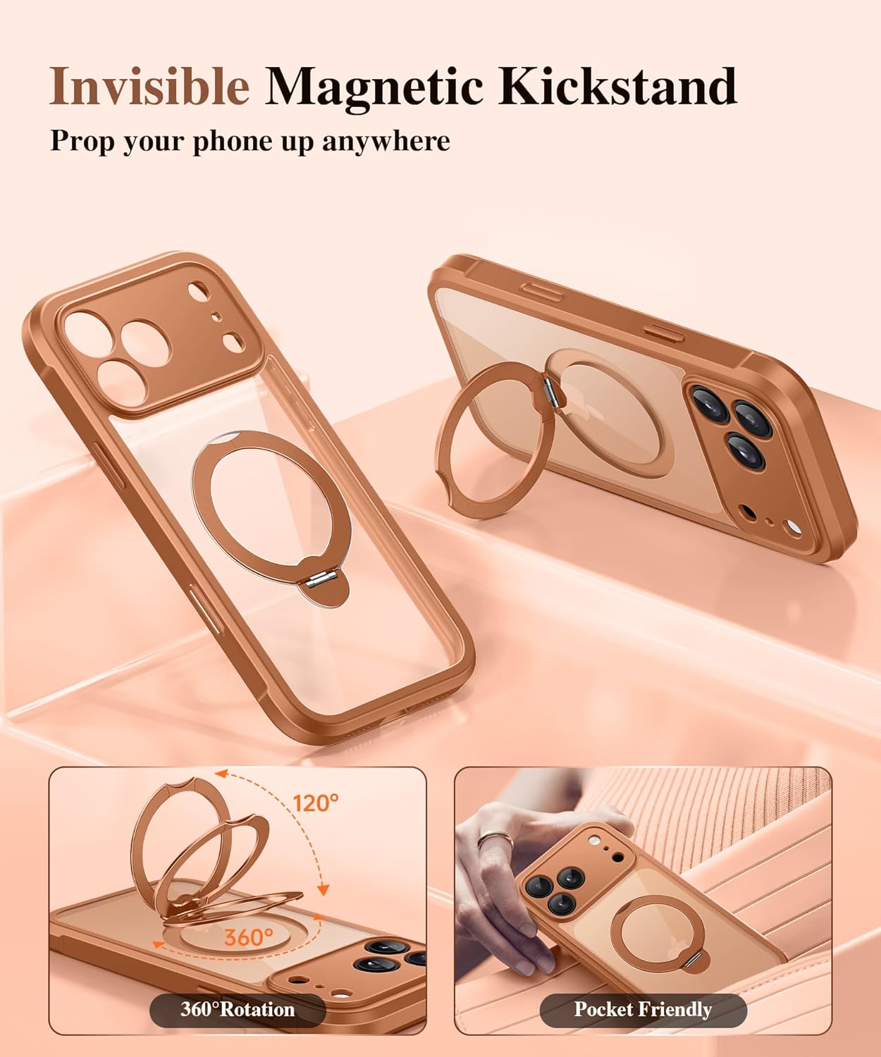 BERFY for iPhone 17 Pro Max Case, Compatible with MagSafe, Built in Privacy Screen Protector, Shockproof Full Body Phone Case for 17 Pro Max with Magnetic Stand, Clear Orange Orange + Stand For iPhone 17 Pro Max 6.9 inch