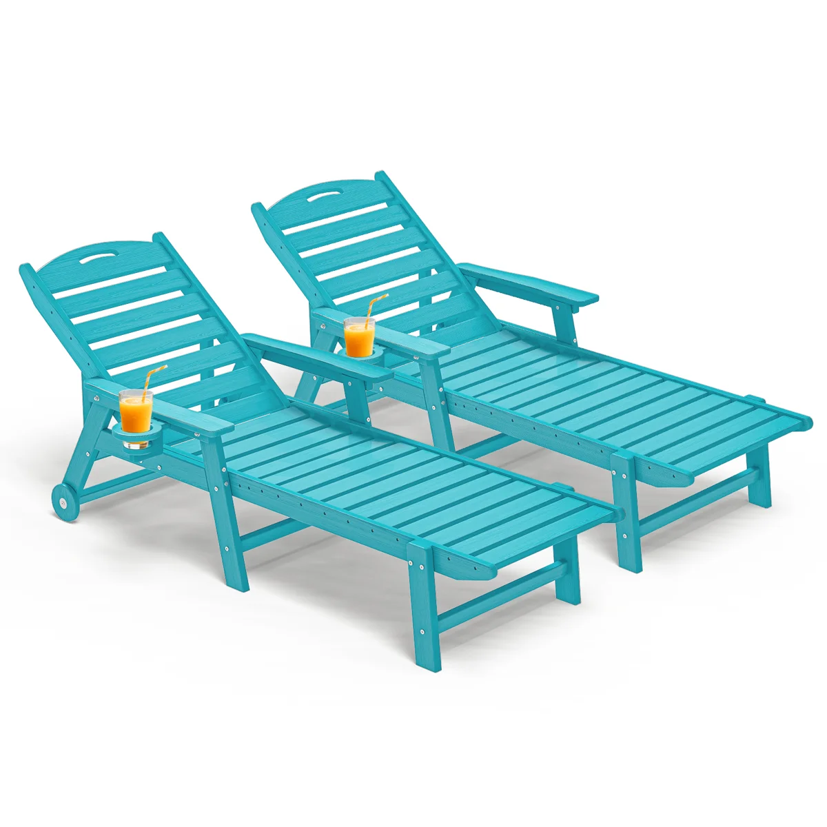 HDPE Outdoor Chaise Lounge, 5‑Position Adjustable Recliner with Rolling Wheels & Built‑In Cup Holder, Weather Resistant for Patio, Pool, Garden & Backyard