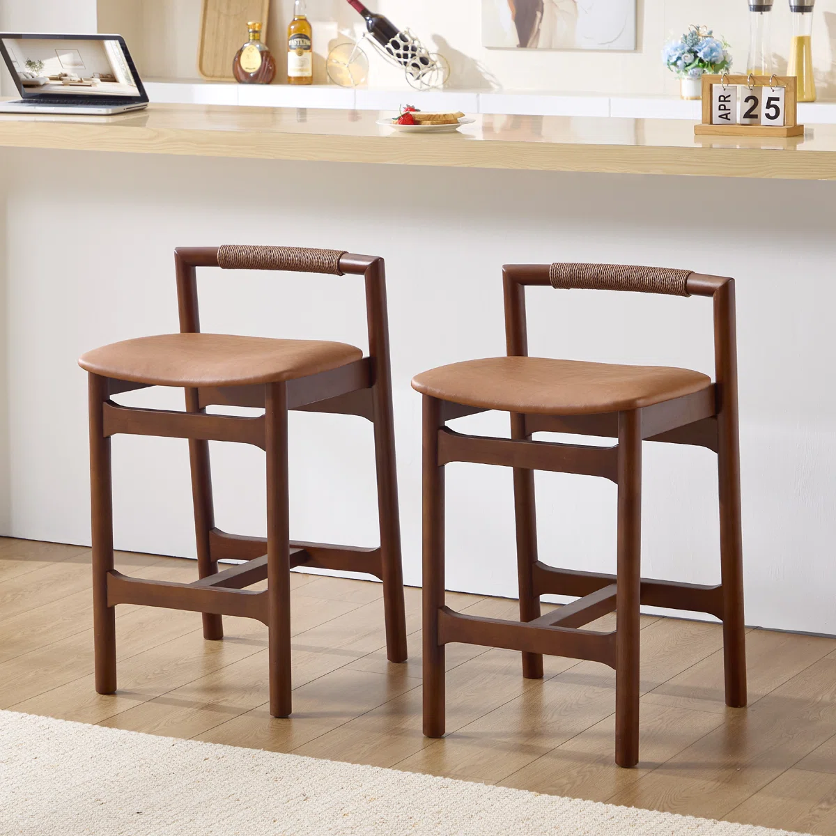 Albia  26" Japandi Organic Modern Solid Wood Counter Stools for Kitchen Island with Hand-Woven Paper Cord Backrest