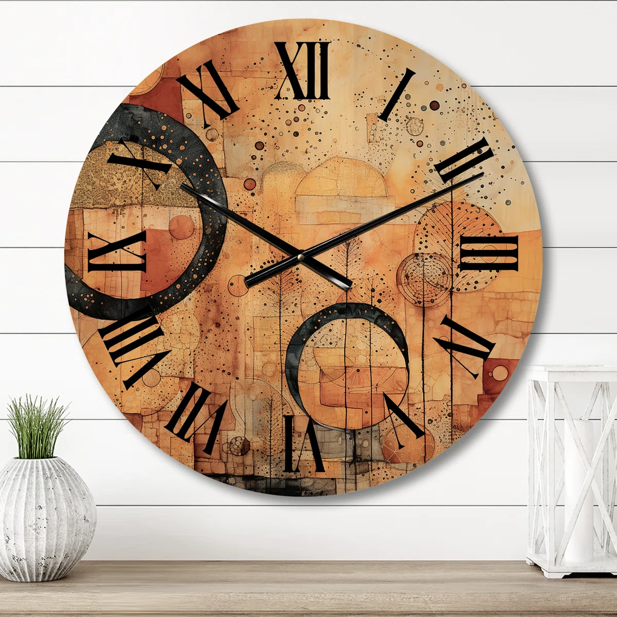 Escape To Serenity Vintage Gold Watercolor - Modern Geometric Oversized Wood Wall Clock