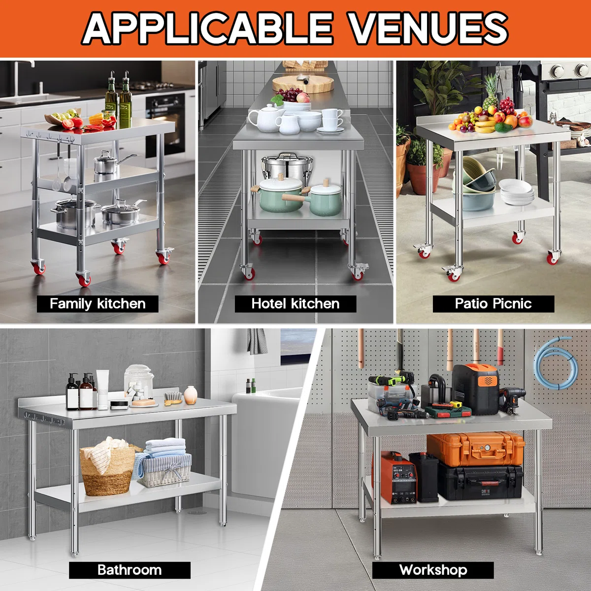 Precision Zenith Ensemble Stainless Steel Table, Kitchen Prep Table with Adjustable Undershelf, NSF Certified Metal Surface (Includes Wheels & Backsplash) for Home Kitchen, Restaurant, Hotel, and Garage