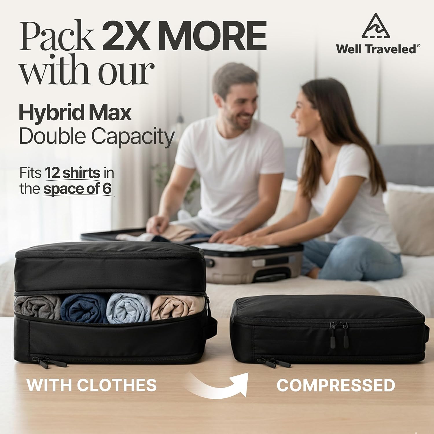Well Traveled 8 pcs Compression Packing Bags Cubes Set with HybridMax Double-Capacity Design - Packing Cubes for Travel Compression to Maximize Limited Luggage Space, Black 8-piece Black