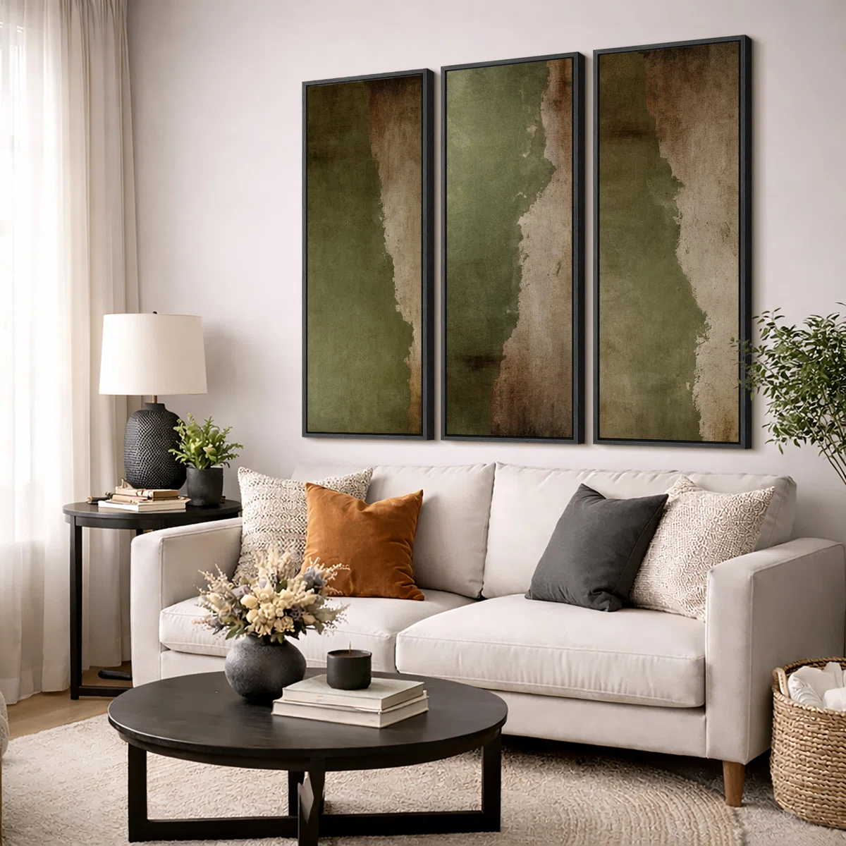 (One long canvas only)Subtle Olive Green Abstract Earth Tones Triptych – Pictures Extra Large Framed Canvas Print Wall Art