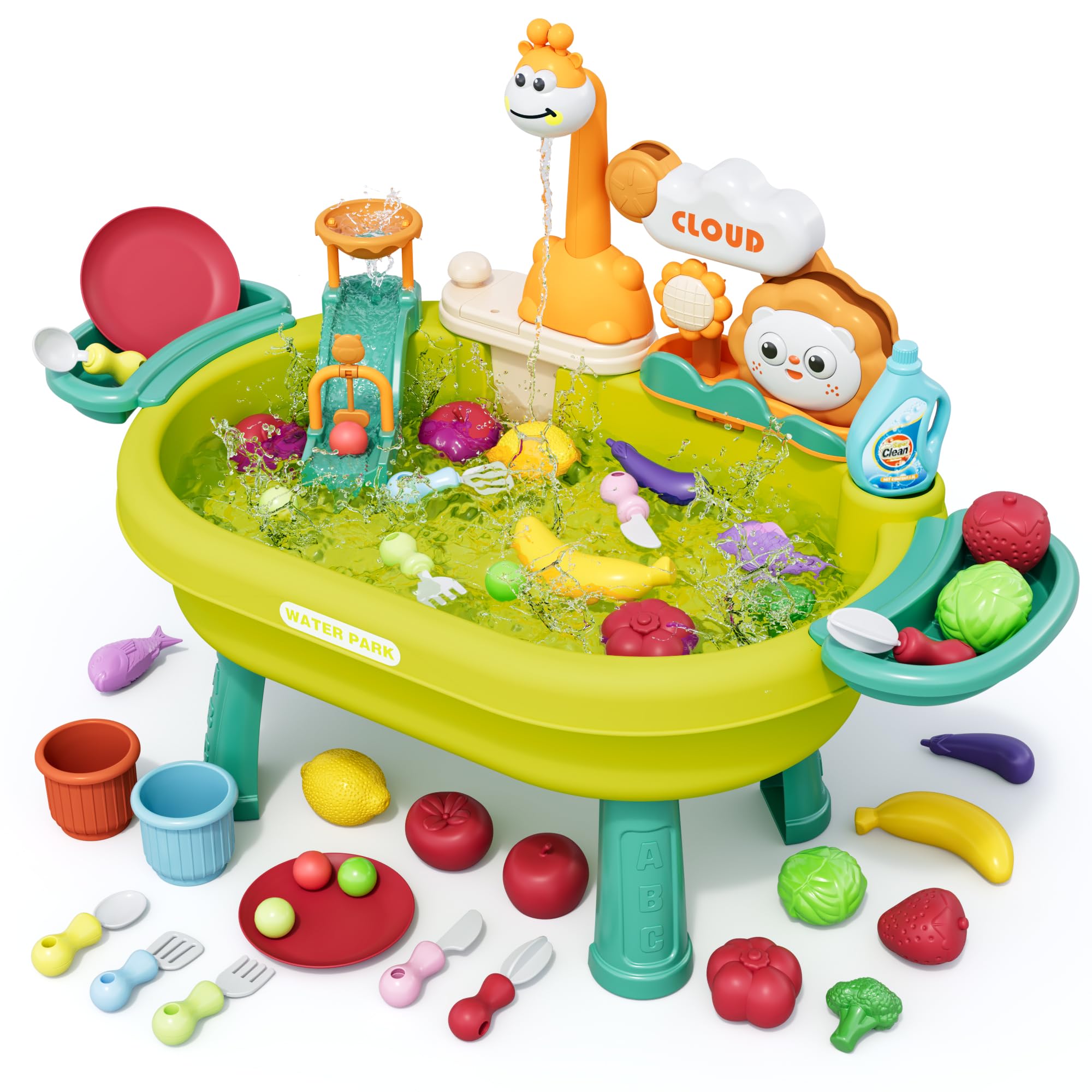 2026 New Kids Sand & Water Table Toys for Toddlers, Kids Water Park Play Kitchen Sink with Running Water,Giraffe Electric Faucet,Water Rolling Game,Detachable Legs Toddler Summer Toy for Boys Girls
