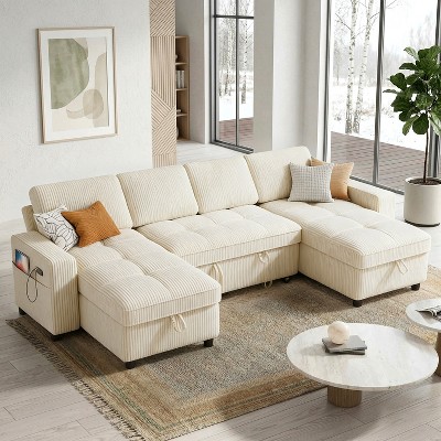 (COUCH IS WHITE, only one section )105 Corduroy Sectional Sofa With U-Shaped Pull-Out Bed, Double  Storage Chaise Lounges, Usb Ports, Tool-Free Assembly, Soft Skin-Friendly Fabric For Living Room, Bedroom, Apartment, Office