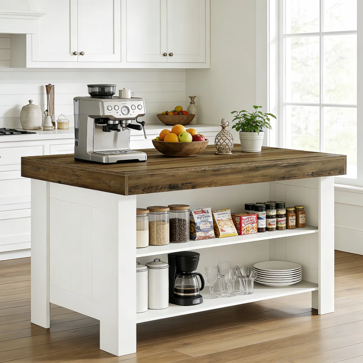 Wood Kitchen Island With Storage Shelf, 55.12" Farmhouse Kitchen Prep Table For Dining Room