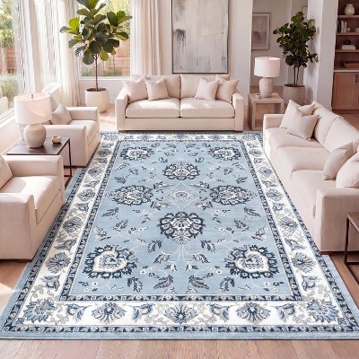 (Needs cleaned) 10ft x 8 ft Traditional Persian-Style Area Rug, Blue and Cream, Ornamental Pattern