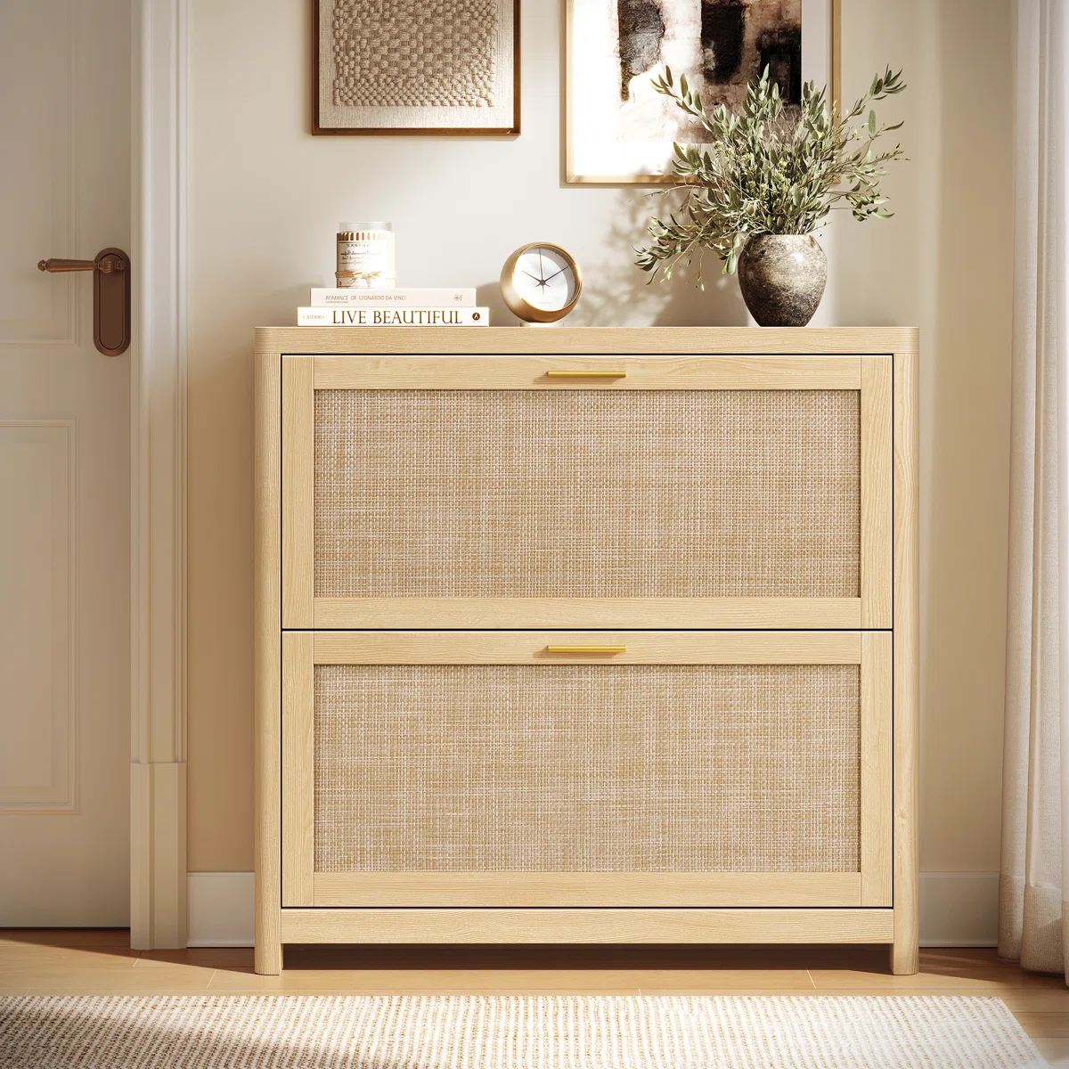 16 Pairs Shoe Storage Cabinet With 2 Flip Drawers, Entry Shoe Cabinet With Rattan-Look Flip Drawers