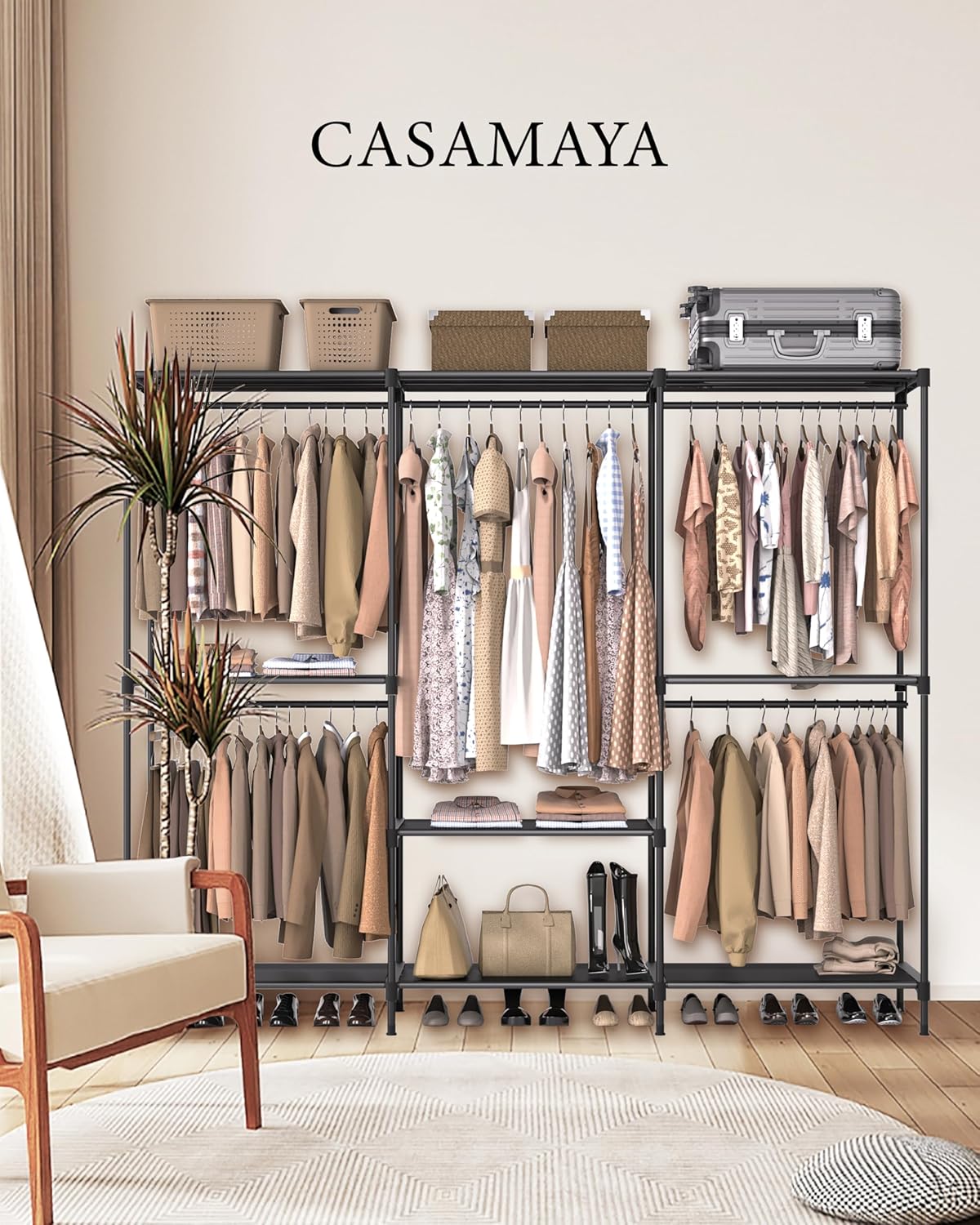 CASAMAYA Clothes Rack, Portable Closet, 80.7 Inch Extra Large Capacity Wardrobe Closet, Clothes Storage Organizer with Shelves and 5 Hanging Rods, Easy to Assembly, Black PCT036B01 80.7L x 16.9W x 77.6H