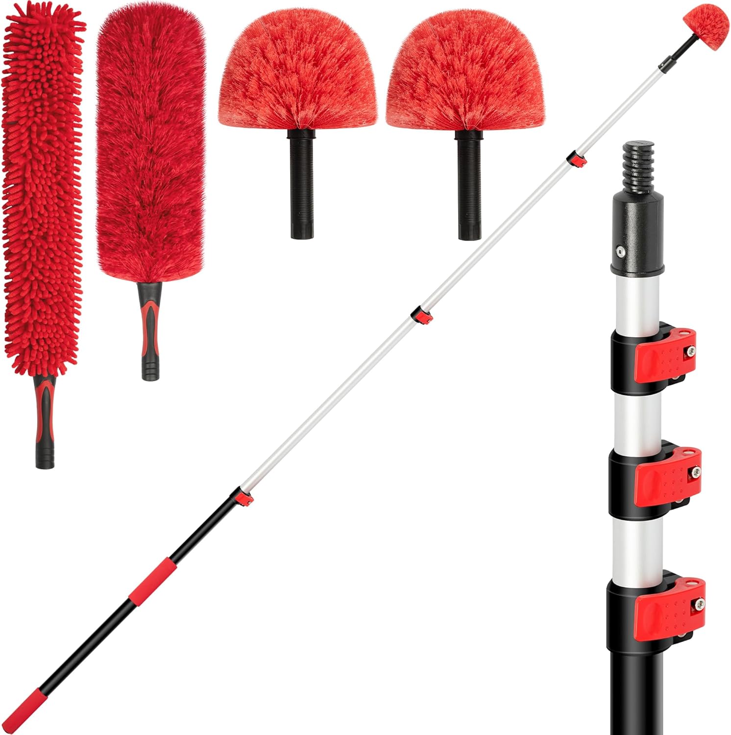 5-12 FT Extension Pole with 2 Outdoor Cobweb Brushes, 20 FT High Reach Ceiling Fan Cleaner Duster for Home, 12 FT Extendable Pole with 4 Pcs Dusting Tools, Cubweb Dusters, Feather Dusters, Fan Duster 12FT