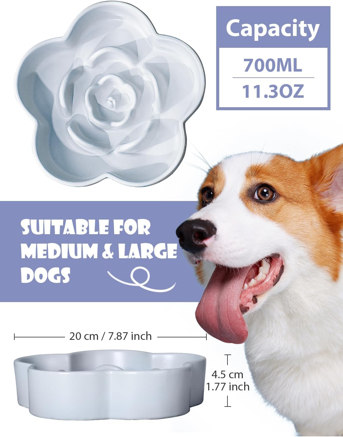 WoofinPets Ceramic Slow Feeder Dog Bowl, Anti-Choking Slow Food Bowls, 8 11.3oz Slow Feeder for Medium, Large Breeds, Plum Puzzle Design, Non-Slip Silicone, Dishwasher and Microwave Safe, Blue