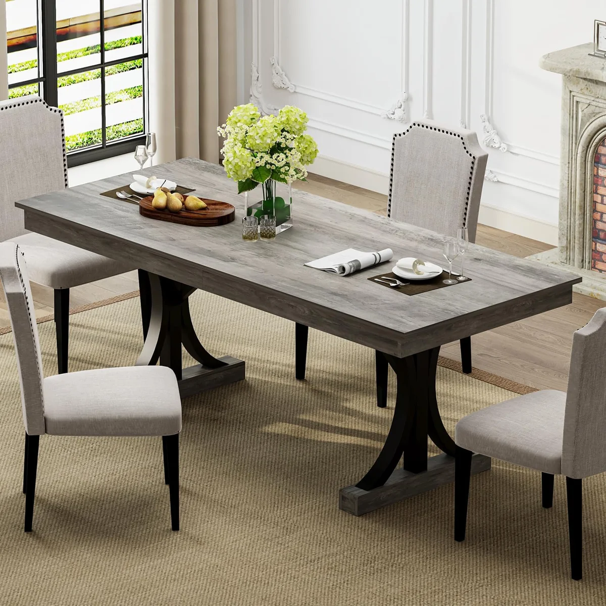 71-Inch Rectangular Dining Table with Two Drawers, Wooden Kitchen Table w/Large Tabletop & Sturdy Frame, Large Dining Table for 6-8 with Double Pedestal, for Dining Room, Office