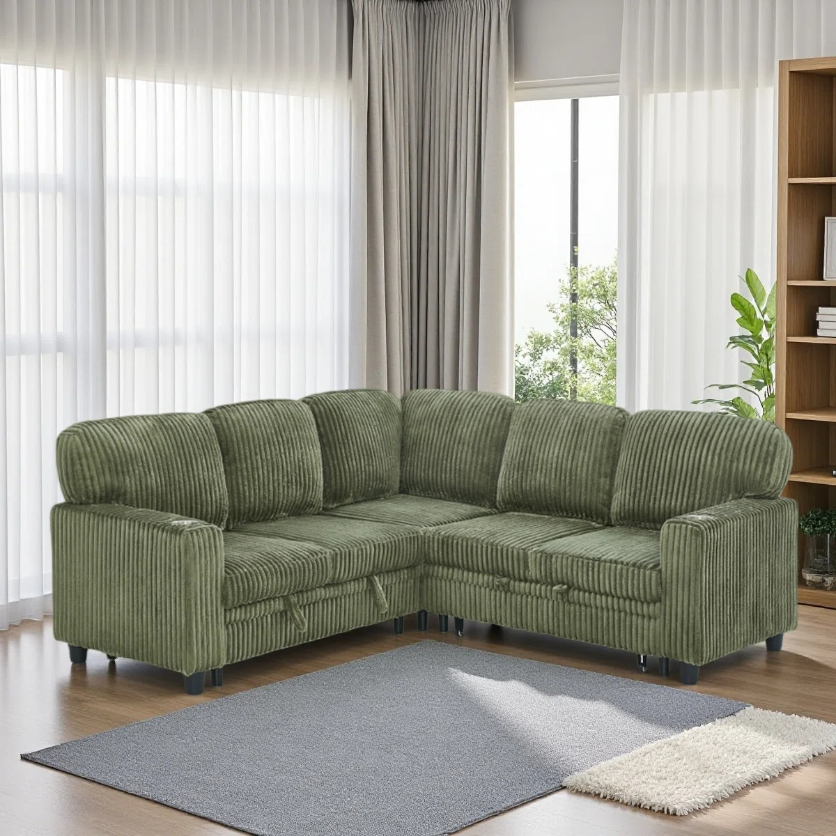 L-Shaped Sectional Sofa Bed With Pull-Out Bed & Storage, 5-Seat Sleeper Couch With USB Charging, Convertible Design For Living Room, Apartment, Corduroy Fabric (Box 4)