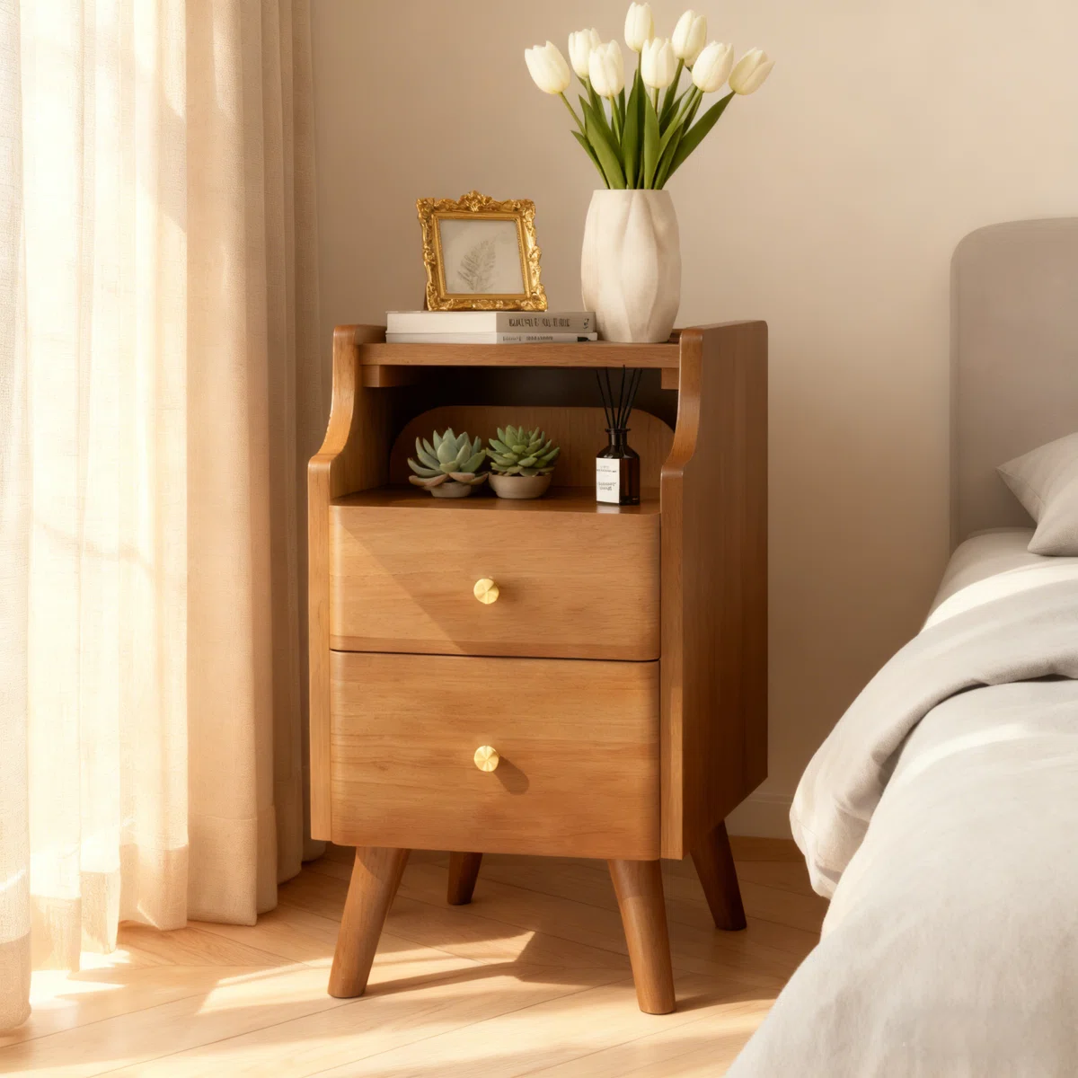 Narrow Mid Century Modern Nightstand - Solid Wood 2-drawer Beside Table With Open Storage Shelf For Bedroom