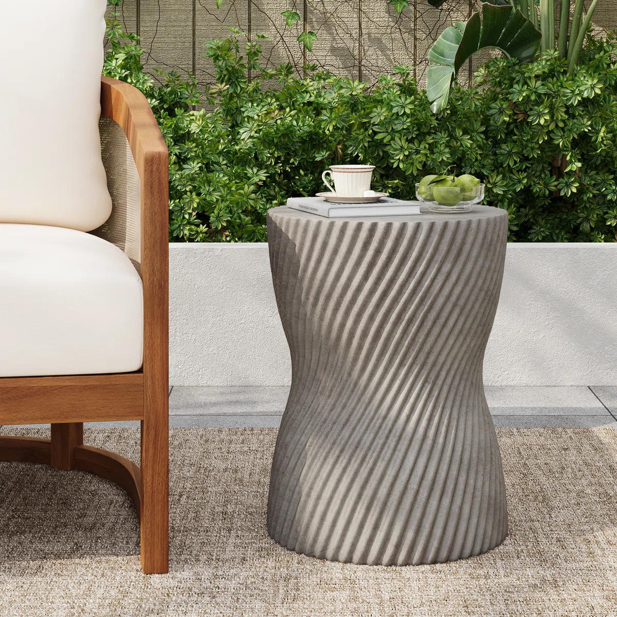 Bexley Sculptural MGO Hourglass Indoor/Outdoor Side Table with Spiral Detailing